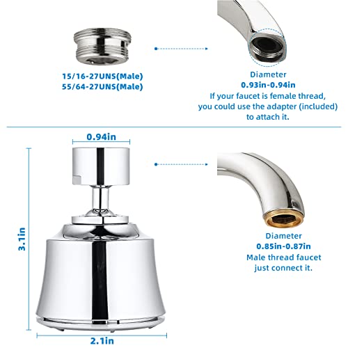 Swivel Faucet Head for Kitchen Sink, Kitchen Faucet Attachment with 2 Ball Joint, Sink Nozzle Sprayer Attachment, 360° Kitchen Faucet Aerator Replacement, Chrome Polished