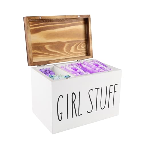 2-Fach Hygiene-Box mit Deckel Tampon Box, Binden Aufbewahrung Badezimmer, Wattepads & Wattestäbchen Praktischer Organizer für Sanitäre Produkte, Kosmetik Rustikale Aufbewahrung für Frauen weiß