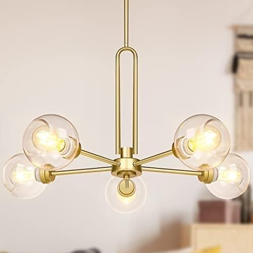 Globe elier Iluminación colgante, lámpara de techo semiempotrada grande y moderna dorada con vidrio transparente, lámpara de comedor,Candelabros