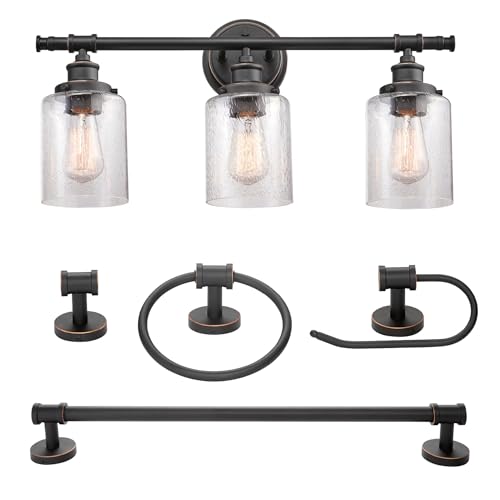 Image of Globe Electric 51415 Camden 5-Piece All-in-One Bathroom Set, 3 Vanity Light with Seeded Glass Shades, Bar, Towel Ring, Robe Hook, Toilet Paper Holder, Bronze
