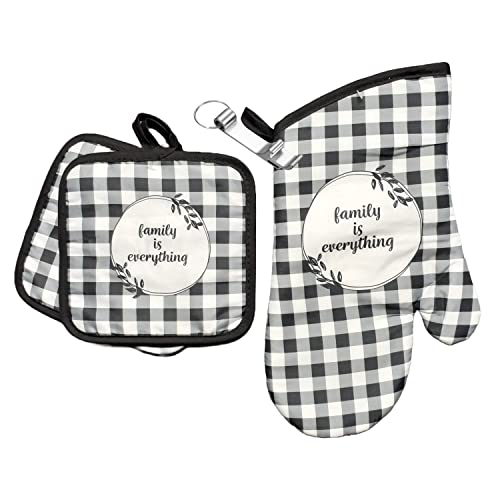 3Pc Kitchen Linen Set Oven Mitt Potholder Set For Cooking Baking Decorating Lightweight Decorative Sentiment Print Family Is Everything Plaid #TOP20