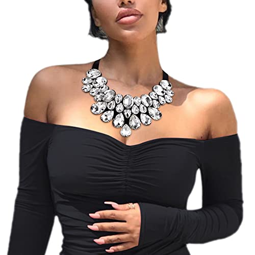 Flyonce Rhinestone Statement Necklace Chunky Choker Crystal Costume Jewelry for Women Clear Black-Tone by Flyonce - Image 4