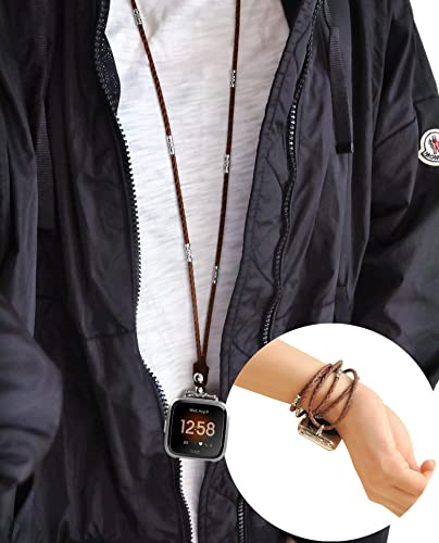 Genuine Leather Bands Compatible With Fitbit Versa 3 / Sense New Cowhide Necklace Pendant Double Loop Two Way Strap Neckband Bracelet For Smartwatch- Brown #TOP1