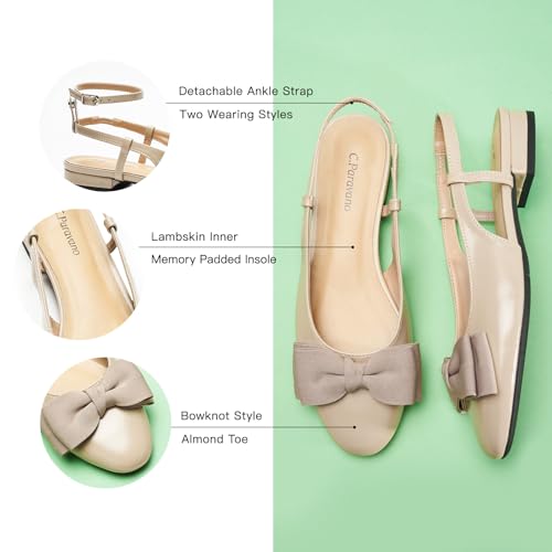 Image of C.Paravano Women's Slingback Dress Shoes | Sandals with Bows for Women| Casual Flat Shoes for Women | Almond Toe Slingback | Detachable Ankle Strap