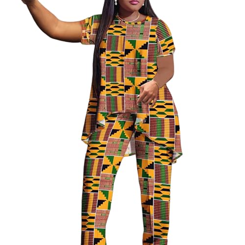 African Print 2-Piece Set, Short Sleeve Top with Wide Leg Pants, Traditional Kente Pattern, Yellow Green