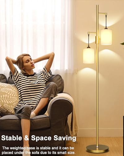 Image of Lightdot 65IN Gold Floor Lamp for Living Room, Industrial 2-Light Tree Floor Lamps with Linen Shade, Modern Standing Tall Lamp with 5Lbs Heavy Base for Bedroom /Sofa Beside /Corner Decor(Bulb Included)