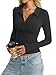 Womens Cotton Polo Collared Shirt Long Sleeve Sexy Deep V Neck Top Button Up Slim Fitted Tee Business Casual Outfit Black XS