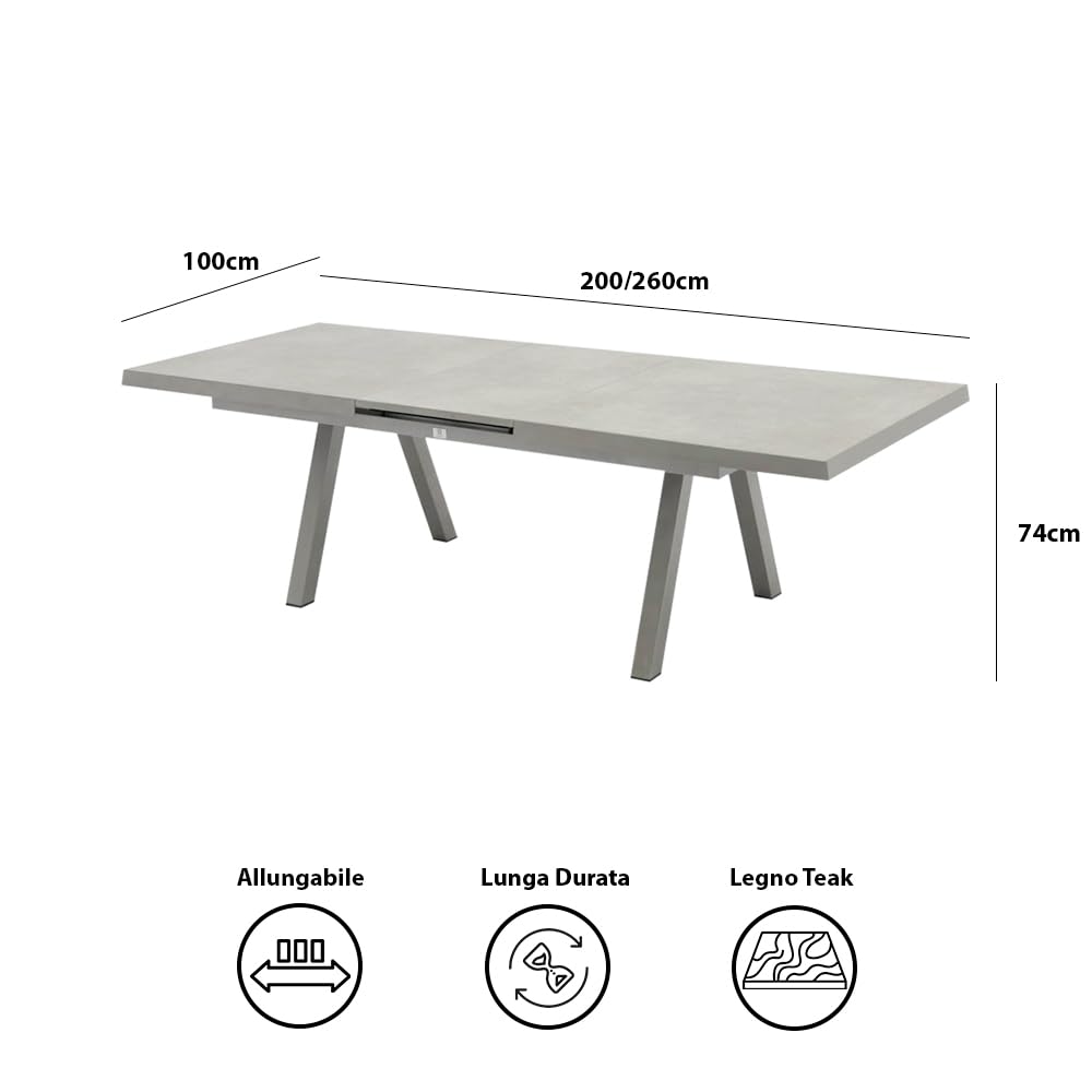 Tavolo da pranzo allungabile BUDA | Tavolo da giardino allungabile in alluminio con top ceramica, resistente ad intemperie e graffi | 200/260 x 100 x 74cm