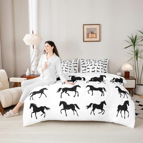 Image of Black Horses Bed in a Bag Queen Comforter Set 7 Piece | Horse Gifts for Girls Farm Animals Bedding Sets Wild Animal Western Comforter and Sheet Set,Cowboys Gifts for Men Rustic Farmhouse Decor