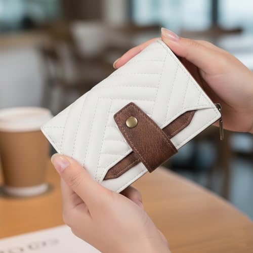 Image of INOVERA (LABEL) Small Wallet for Women & Girls - Stylish Faux Leather Ladies Hand Purse for Card, Cash, Coin, ID Window with Zipper Pocket (White and Brown)