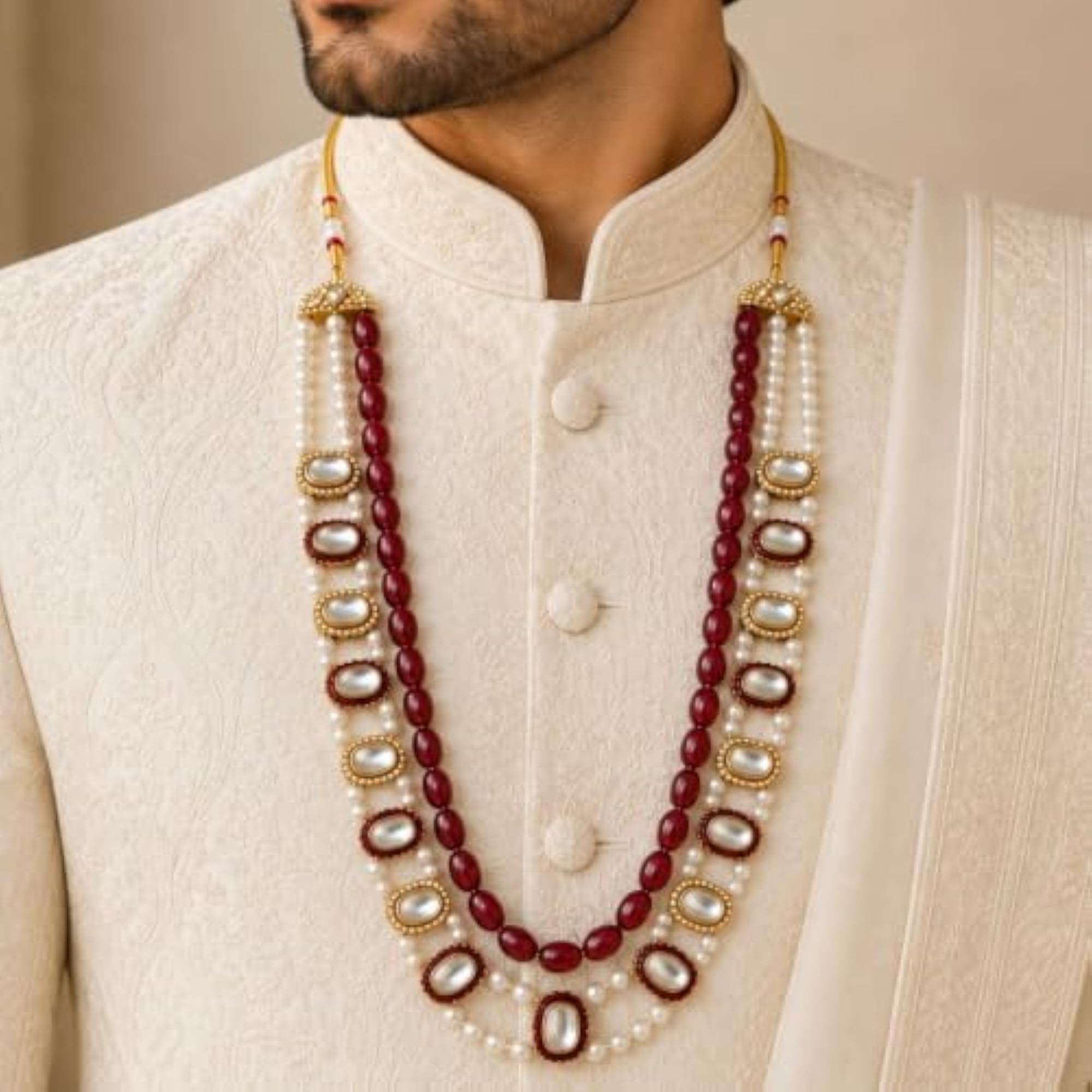 Traditional 3 Layered Gold Plated CZ Dulha Moti Mala Necklace