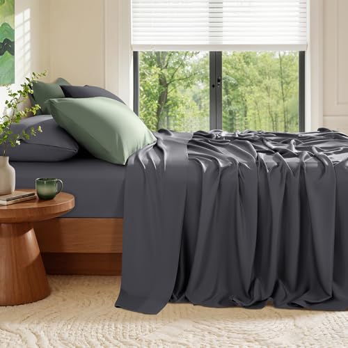 Image of 100% Viscose Derived from Bamboo Sheets King Size, Hotel Luxury Bed Sheets Set, Deep Pocket Up to 16 Inches, Ultra Soft Cooling Sheets 4pcs (Dark Grey)