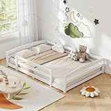 NAIZEA Floor Bed Full Size, Wood Montessori Bed Frame with Fence and Wood Slats, Kids Montessori Floor Bed for Girls and Boys