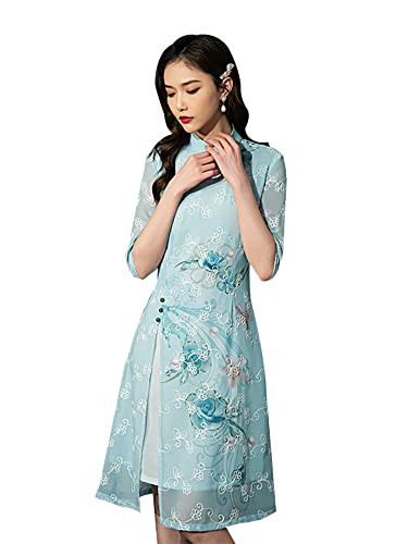 SUETOR Robe Femme en Mousseline Brodée A-Line Qipao, Élégante Ao Dai Cheongsam, Vêtement Traditionnel Chinois, XX-Large