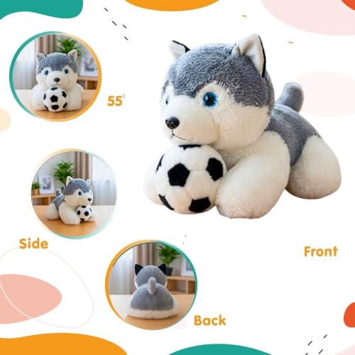 Image of Tickles Cute Husky Dog with Football Soft Stuffed Plush Animal Sports Theme Toy for Kids Boys & Girls Birthday Gifts (Size: 28 cm Color: White & Grey)