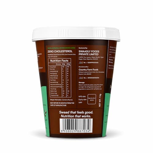 Image of Swaadly Creamy Chocolate Peanut Butter 1kg | High Protein Spread | No Palm Oil | Made with Natural Ingredients | Healthy Breakfast & Fitness Snack