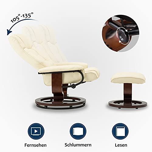 M MCombo Relaxsessel mit Hocker, 360°drehbarer Fernsehsessel mit Liegefunktion, bis 120 Kg belastbarer TV-Sessel, moderner Ruhesessel für Wohnzimmer, Kunstleder, 9019 (Weiß-Kunstleder) – Bild 5