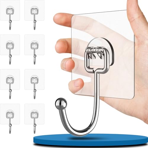 8 Pcs Self Adhesive Hooks Can Hold up to 33 lbs(Max.), Super Sticky Hooks Made of 304 Stainless Steel Won’t Be Deformed, Wall Hooks Stick on Bathroom, Kitchen, Bedroom to Hang Big or Small Items
