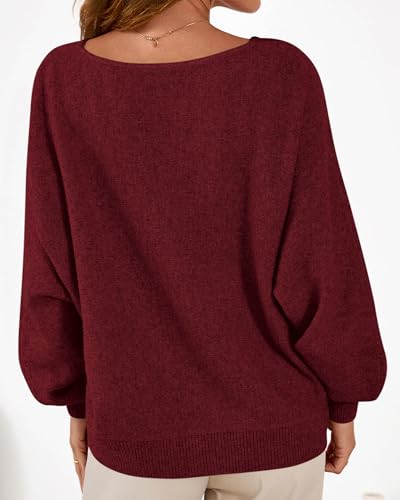 KIRUNDO Boat Neck Sweaters for Women Slouchy Oversized Knit Top,Burgundy,L - image 2