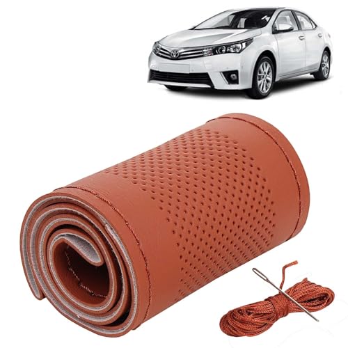 Image of KINGSWAY PU Leatherite Car Steering Cover Sewable Compatible with Toyota Corolla Altis (Year 2013-2019), Tan Color with Tan Thread, Pack of 1 with Sewing Needle and Thread