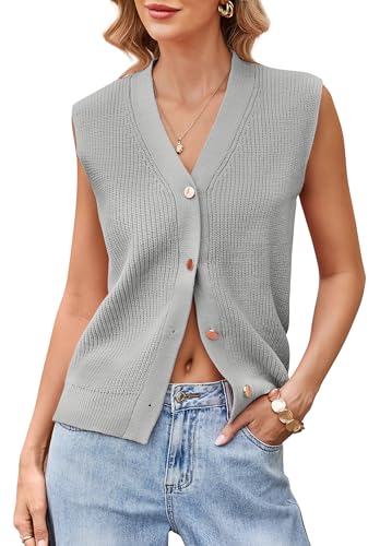 Image of Womens Button-Front Sweater Vest Top V Neck Sleeveless Knit Tank Fitted Halter Raceback Cardigan Vest