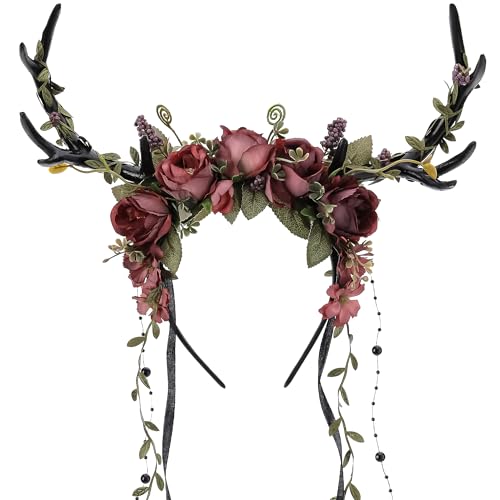 MOSTORY Antlers Headband Flower Crown for Renaissance Costume Women Red Forest Deer Headpiece with Tendril Tassel for Carnival Halloween Cosplay Fairy Festival Hair Accessories
