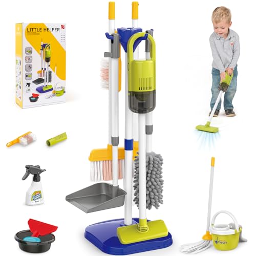 XIAPIA Toddler Cleaning Set, 14 Pcs Kids Cleaning Toy Set with Electric Toy 2 in 1 Vacuum That Really Works, Pretend Play Home Cleaning Playset, Broom and Dustpan Set, Birthday Gifts for Girls & Boys