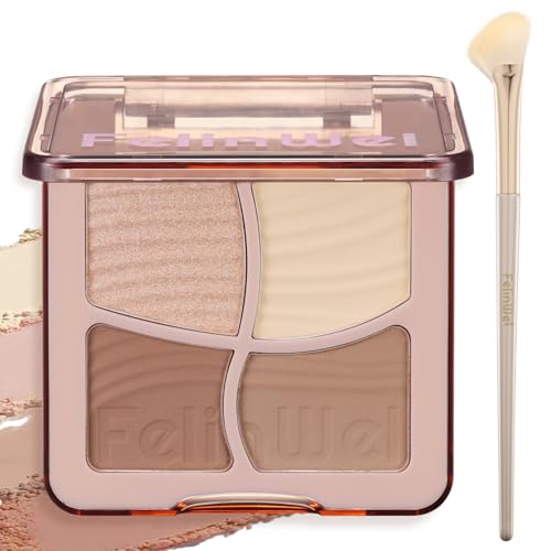 FelinWel Highlight Contour Makeup Palette Effortless Blending Matte Shimmer Highlighter Palette and Bronzer Powder for Warm Toned Skin with Brush