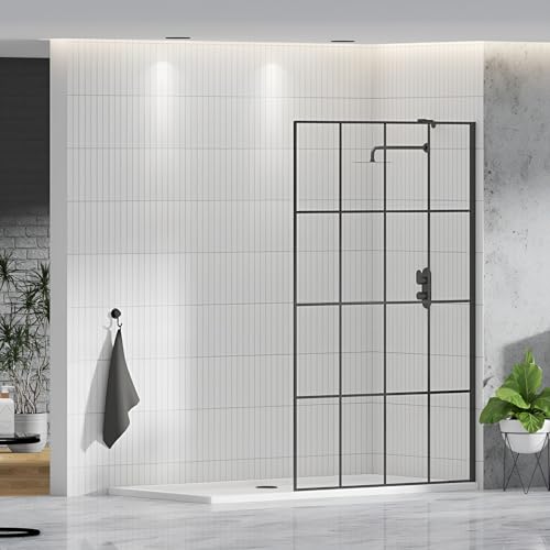 Milan 700mm Walk in Wetroom Matt Black Grid Shower Screen for Enclosure 8mm Easy Clean Toughened Safety Glass & Top Support Arm