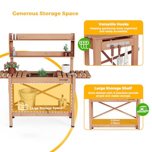 SOCOME Solid Wood Potting Bench, Garden Potting Table with Sliding Tabletop, Outdoor Potting Workstation with Dry Sink, Storage Shelves - Cherry - Thumbnail 5