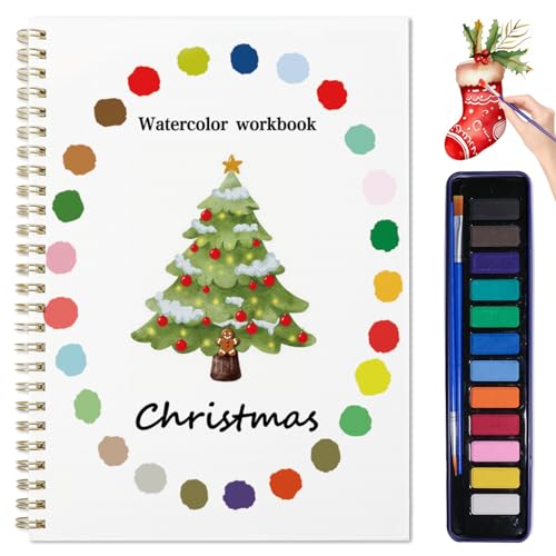Beginner Watercolor Painting Kit Watercolor Workbook Coloring Book 12 Colors Paint Set with Brush Easily Master Beginner Friendly Watercolor Paint Set Gift for Adults Teens. (Christmas)