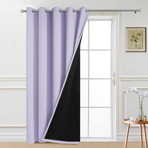 Image of Yakamok Lilac 100% Blackout Patio Door Curtain Panels W70 x L84,1 Panel | Noise Reducing Barrier Panel for Sliding Glass Door, 2 Thick Layers Heat Full Light Blocking Patio Door Drapery
