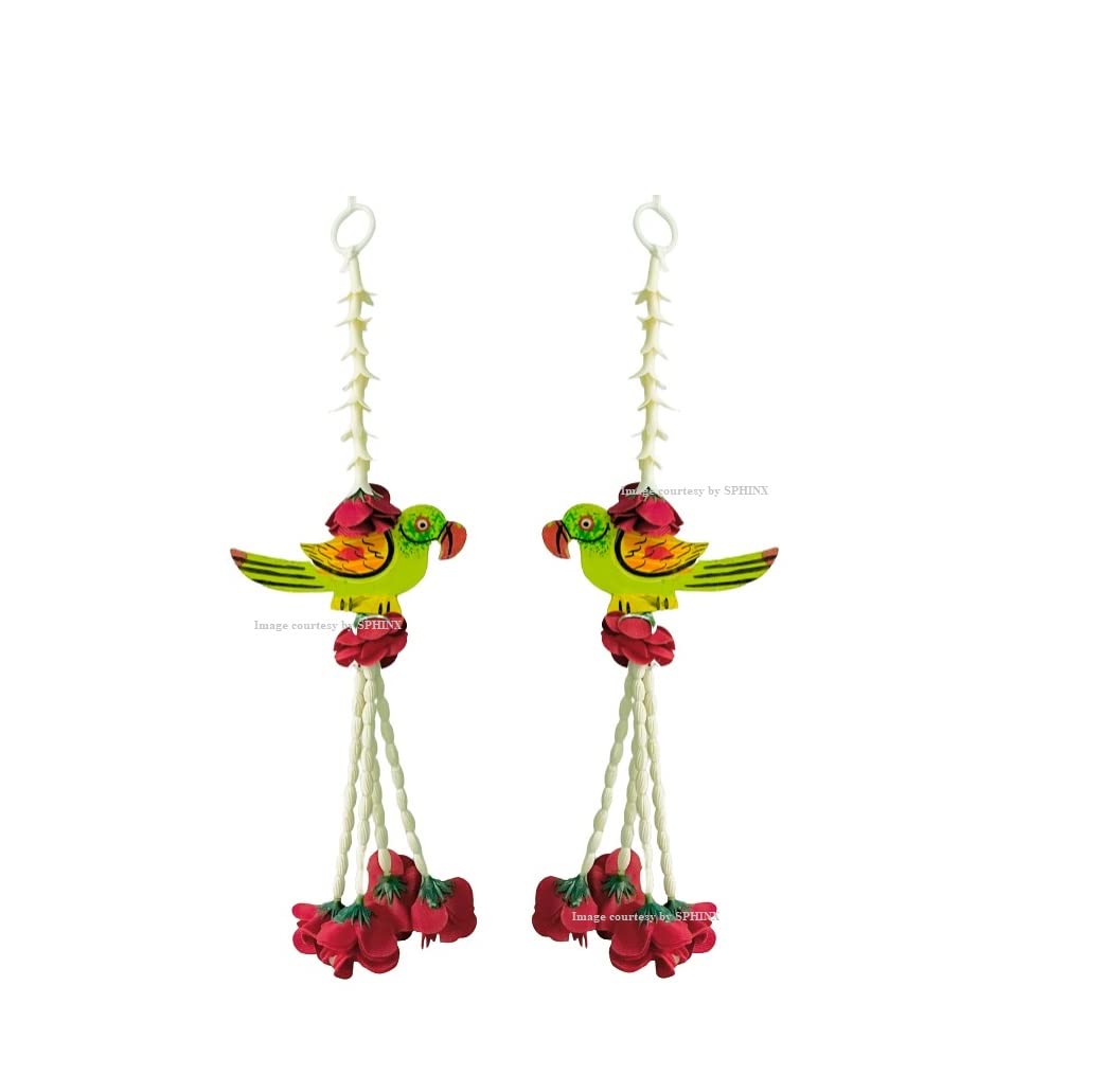 SPHINX Wooden Parrot hangings Artificial Rajnigandha (Tuberose) & Velvet Rose Tassles Clustered Strings Decorative Latkans, Backdrop Hangings for Decorations (Approx 1 ft/12 Inches/30 cms, 2 Pieces)