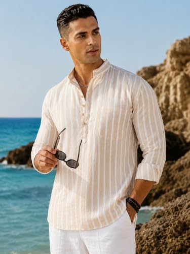Image of Majestic Man Men's Pure Cotton Striped Mandarin Collar Regular Fit Roll-Up Sleeves Short Kurta