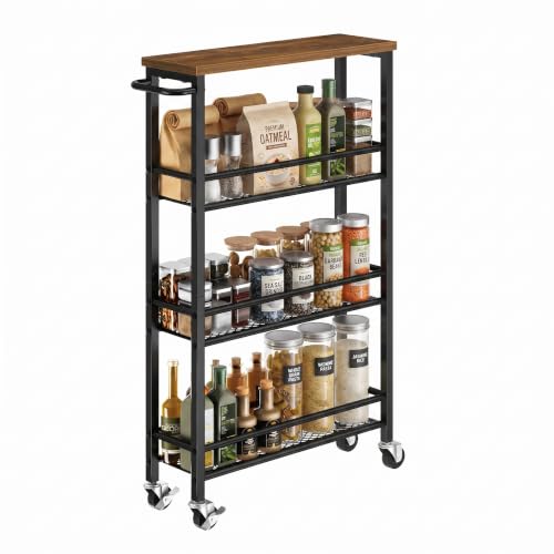 Pipishell Slim Storage Cart with Wheels - 4 Tier Rolling Kitchen Storage Cart with Handle and Wood Top Metal Slim Bathroom Cart for Laundry Room Bathroom Kitchen Narrow Space Black & Rustic Brown