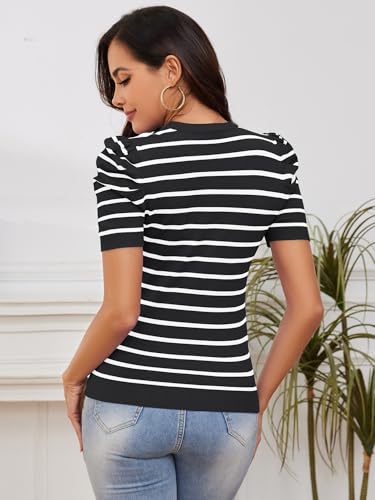 Image of AKEWEI Puff Short Sleeve Sweater for Women Tops Trendy Spring Summer 2025 Business Casual Outfits Knit Crewneck Shirt Blouses