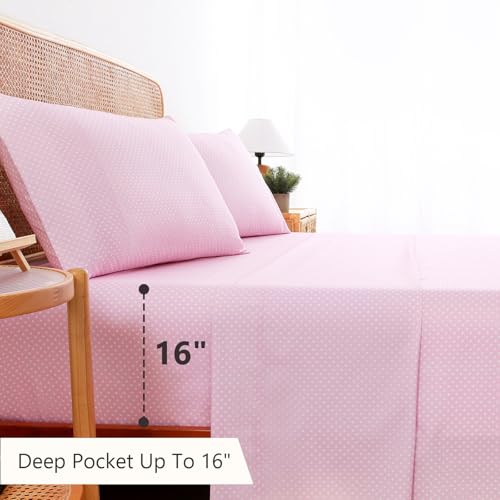 Image of MCO 4Pieces Polka Dot Sheets Set, Breathable Queen Sheet Set with 16 inch Deep Pocket,Modern & Luxury, Brushed Microfiber Bedding Set(Queen, Polkadot Pink)