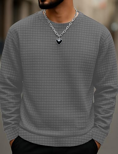 Image of KAJARU Quilted Pattern Long Sleeve Sweatshirt, Round Neck, Men's Casual Pullover, Grey, Black, Beige