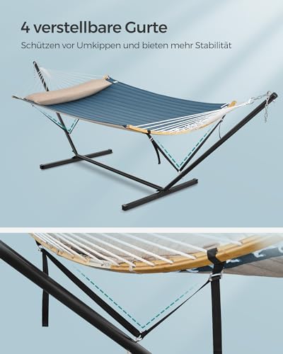 SONGMICS Hängematte mit Gestell, Hängemattengestell aus Metall, Doppelhaltestange, mit Kissen, bis 200 kg belastbar, Garten, schwarzes Gestell und Blaue Hängematte GHS002Q01 3