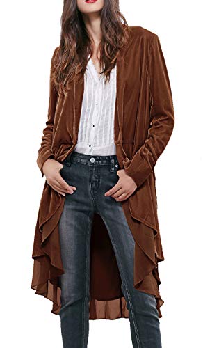 R.Vivimos Womens Ruffled Asymmetric Long Velvet Blazers Coat Casual Jackets (Small, Brown)