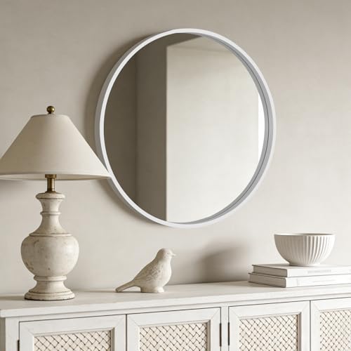 Image of WallBeyond Round Wood Mirror 28 inch Circle Wall Mirror for Bathroom Round Wall Mirror for Wall Decor, Vanity, Entryway Living Room (White)