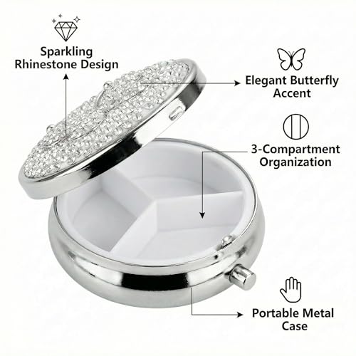 Image of Medicine Organizer Box Butterfly Pocket Pharmacy Bling Travel Pill Case Box for Purse Mini Pill Holder Organizer Small Pills Container for Vitamin(White)