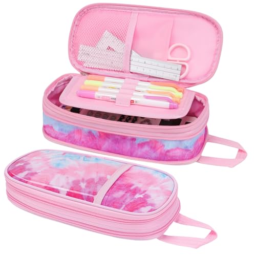 Image of Cute Kids Pencil Case - Girls Pen Pouch Large School Organizer | Pen Bag & Smooth Zipper, Multi-Slot Storage, Mesh Pocket, 900D Water Resistent, Giftable School Supplies, Pink Blue Tie Die