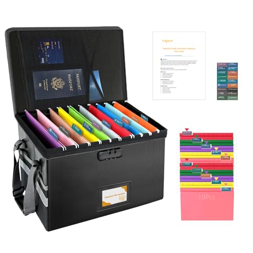 Large Fireproof Document Organiser Filing Box File Storage Box with Lock Important Document Storage Box Filing System for Certificates & Documents 10 Hanging Files & 20 Labels (15.7×12.2×10.6)