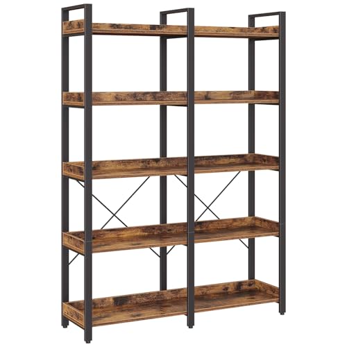 Seventable Bookshelf 5 Tier with 4 Hooks, 63” Industrial Wooden Bookcase, Vintage Storage Rack with Open Shelves, Rustic Standing Bookshelves Metal Frame 43.3” Wide Display Rack, Rustic Brown