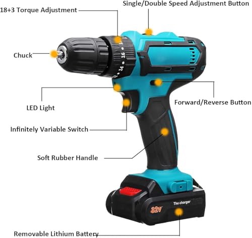 Image of Lithium Cordless Drill Impact Drill Set for Home Power Electric Drill Driver Set with Variable Speed Control for Wood Bricks Walls Metal