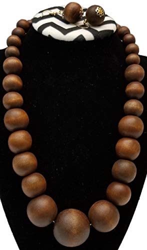 Chunky Solid Wooden Beaded Necklace Earring Handmade Set Jumbo Beads (Brown)