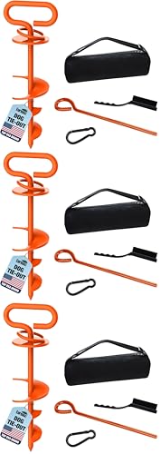 Image of Eurmax USA Dog Tie Out Stake Triple Lock Heavy Duty Dog Anchor for Large Dogs Trampoline Stakes Dog for Yard and Outdoor Dog Runner Install & Travel Kit Included,3-Pack(Orange)