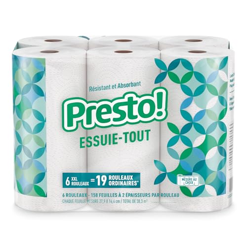 Amazon Brand - Presto! Flex-a-Size Paper Towels, 158 Sheet Huge roll, 6 Rolls, Equivalent to 19 Regular Rolls, White