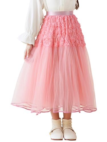 NEAWEALY Falda larga de tul para niñas, falda midi para niños, falda tutú con líneas A, falda de princesa de cintura alta, falda plisada, Rosa., 9-10 años
